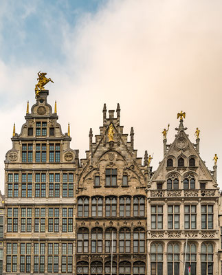 Antwerp, Facades of Guild buildings in the Grote Markt square in old town Cityscape under Golden Sky Sunset in Summer, Antwerpen, Belgium Copyright gnoparus